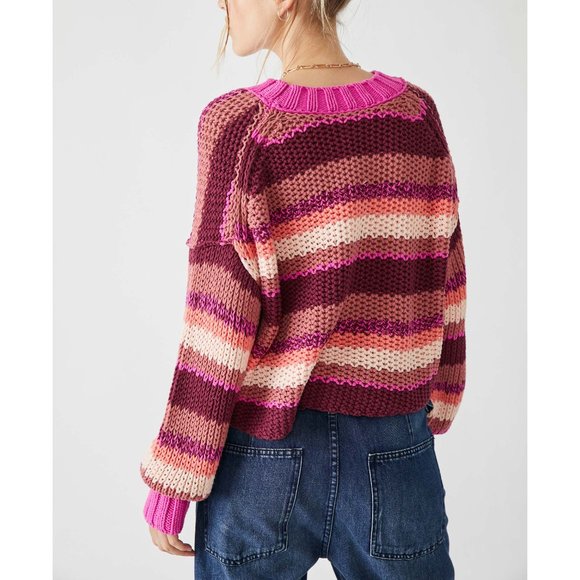 ❄BUNDLE UP❄ NWOT Free People Devon Sweater / Fuschia Rose Combo - Picture 5 of 6